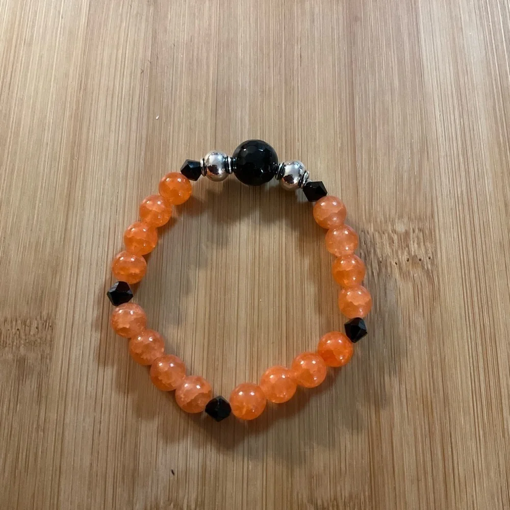 Hand Crafted Bracelet Beaded Stretch Orange Black Silver Stainless Steel
